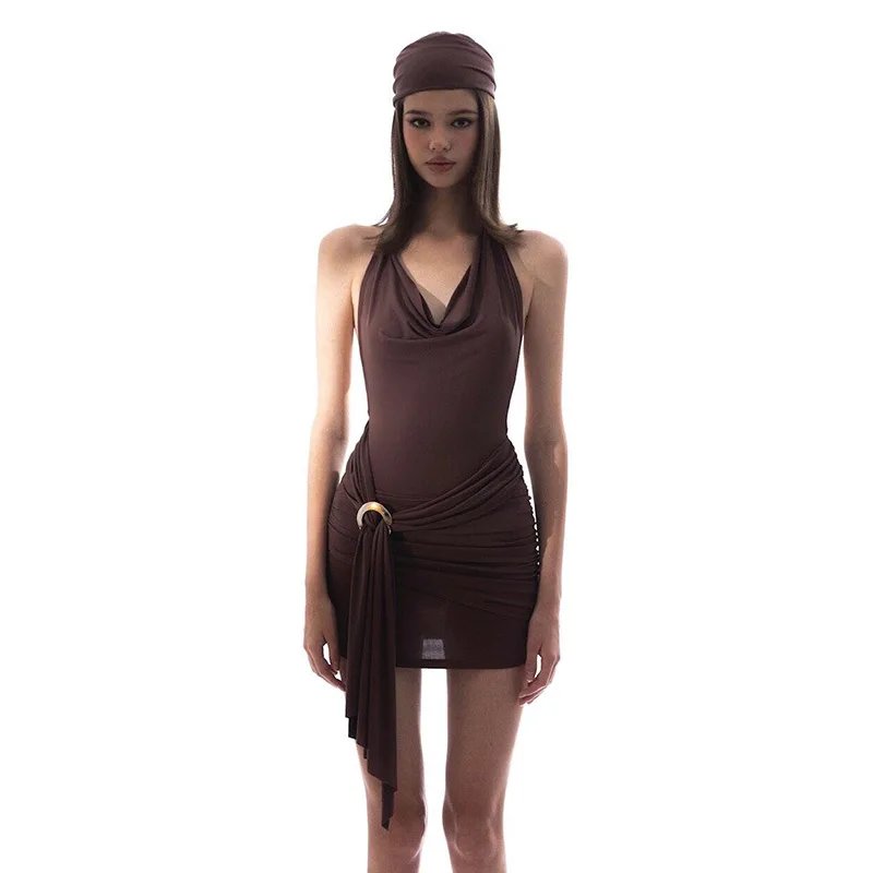 WhereMery Vintage Brown Low-cut Backless Mini Dress Y2K Women Bandage Pleated A-line Dresses Sexy 2024 Summer Cool Girl Vestidos