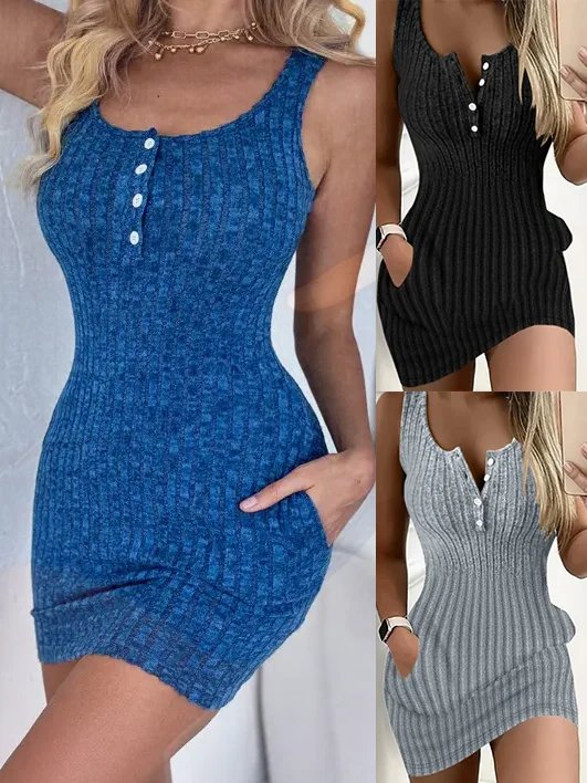 Elegant Button Sleeveless Pocket Bodycon Dress