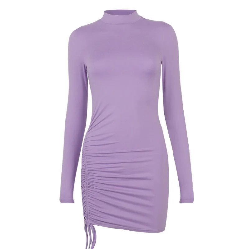 Long Sleeve Ruched Bodycon Dress Women Turtleneck Bandage Mini Dresses Autumn Black Skinny Stretchy Party Vestidos