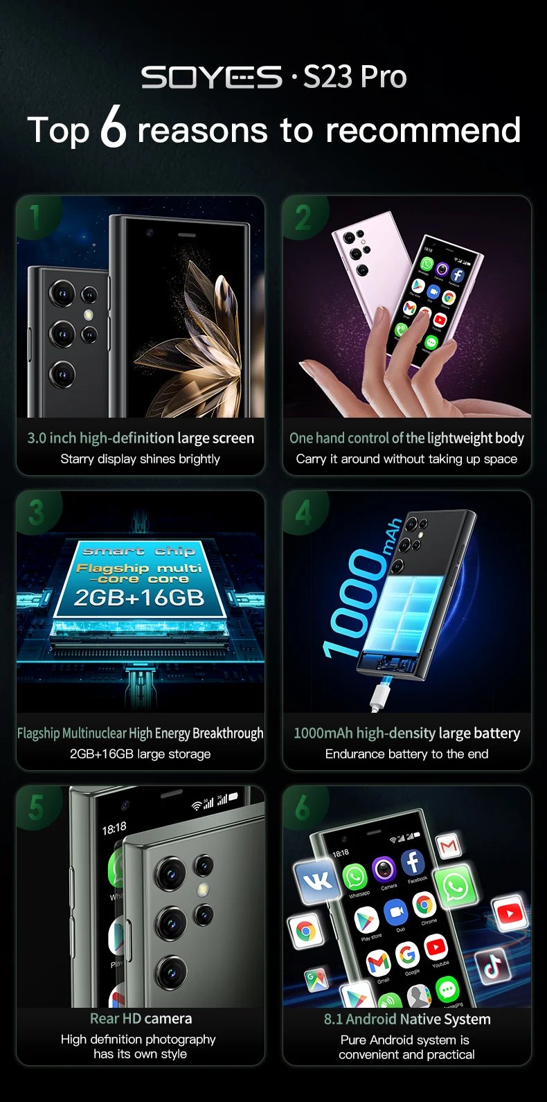 SOYES S23 Pro Smartphone 3.0-inch Mini Phone 3G Network Supports WIFI Bluetooth 2GB+16GB Memory Android Smartphone