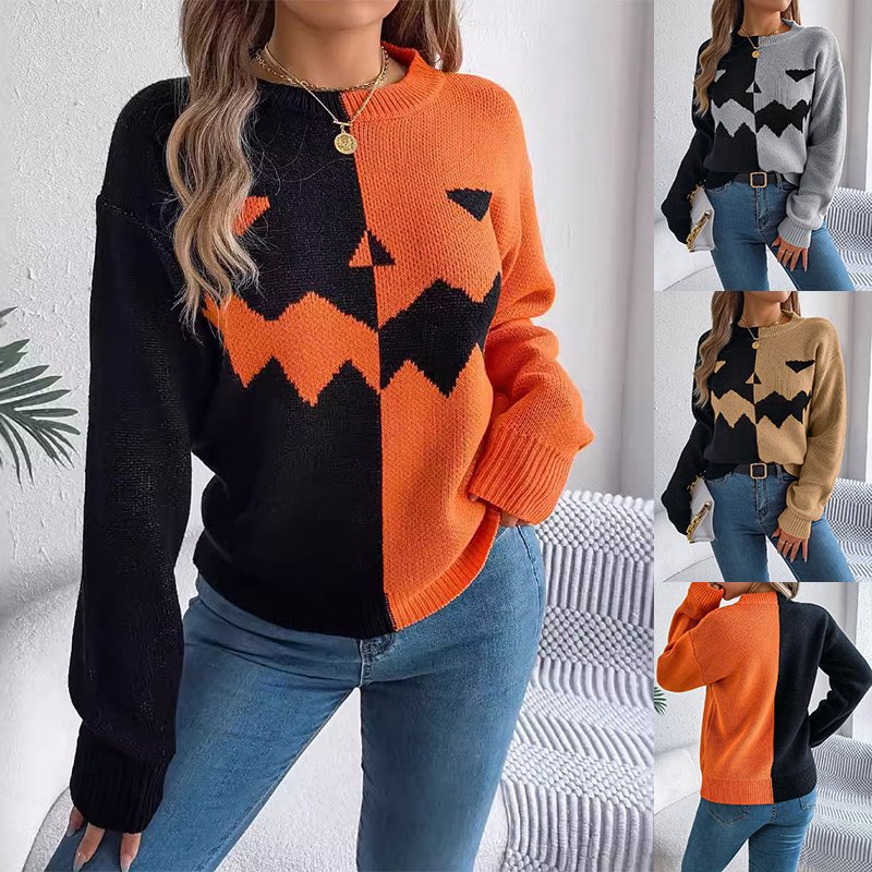 Long Sleeve Halloween Contrast-color Pullover