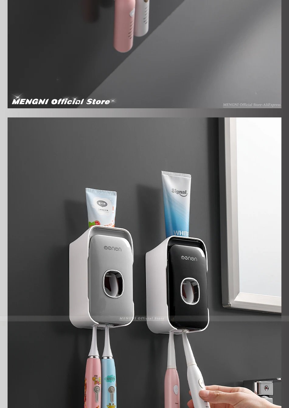 MENGNI Automatic Toothpaste Dispenser Wall-Mounted Bathroom Toothpaste Squeezer Punch-Free Toothbrush Holder Rack Bathroom Acces
