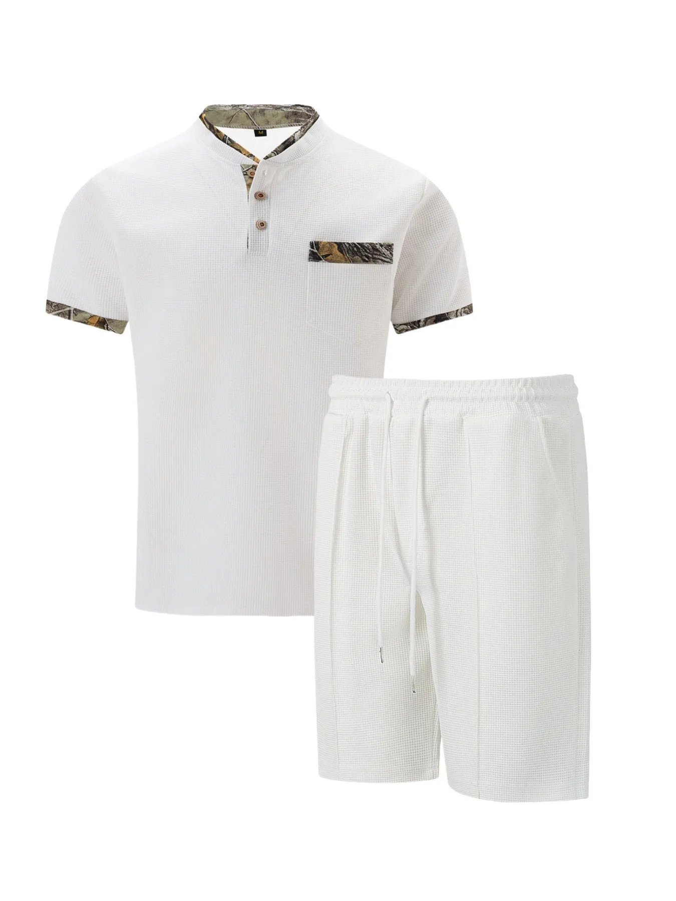 2025 Men Europe and the United States new summer Waffle solid color zip-up lapel short-sleeve suit shorts two sets