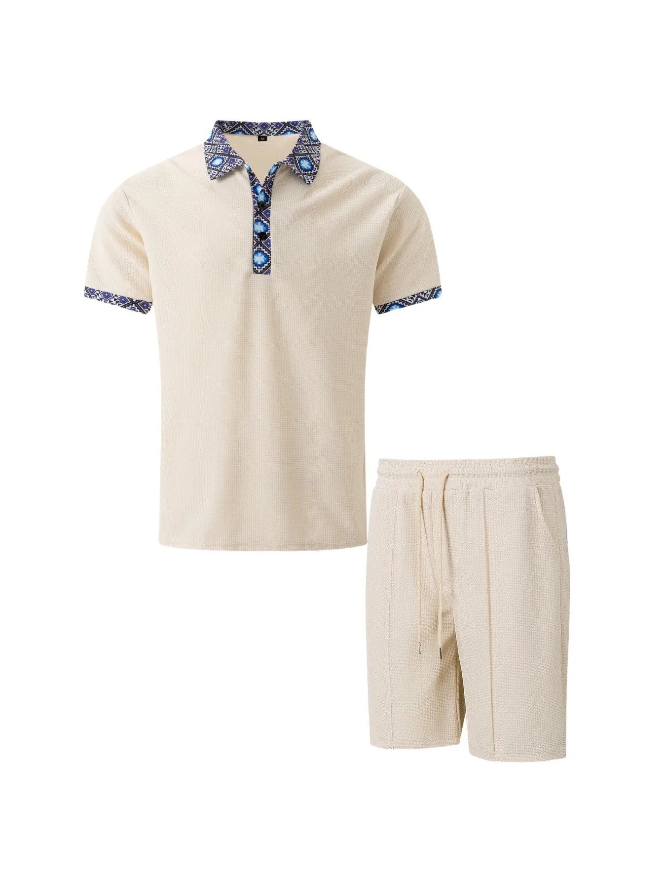 2025 Men Europe and the United States new summer Waffle solid color zip-up lapel short-sleeve suit shorts two sets