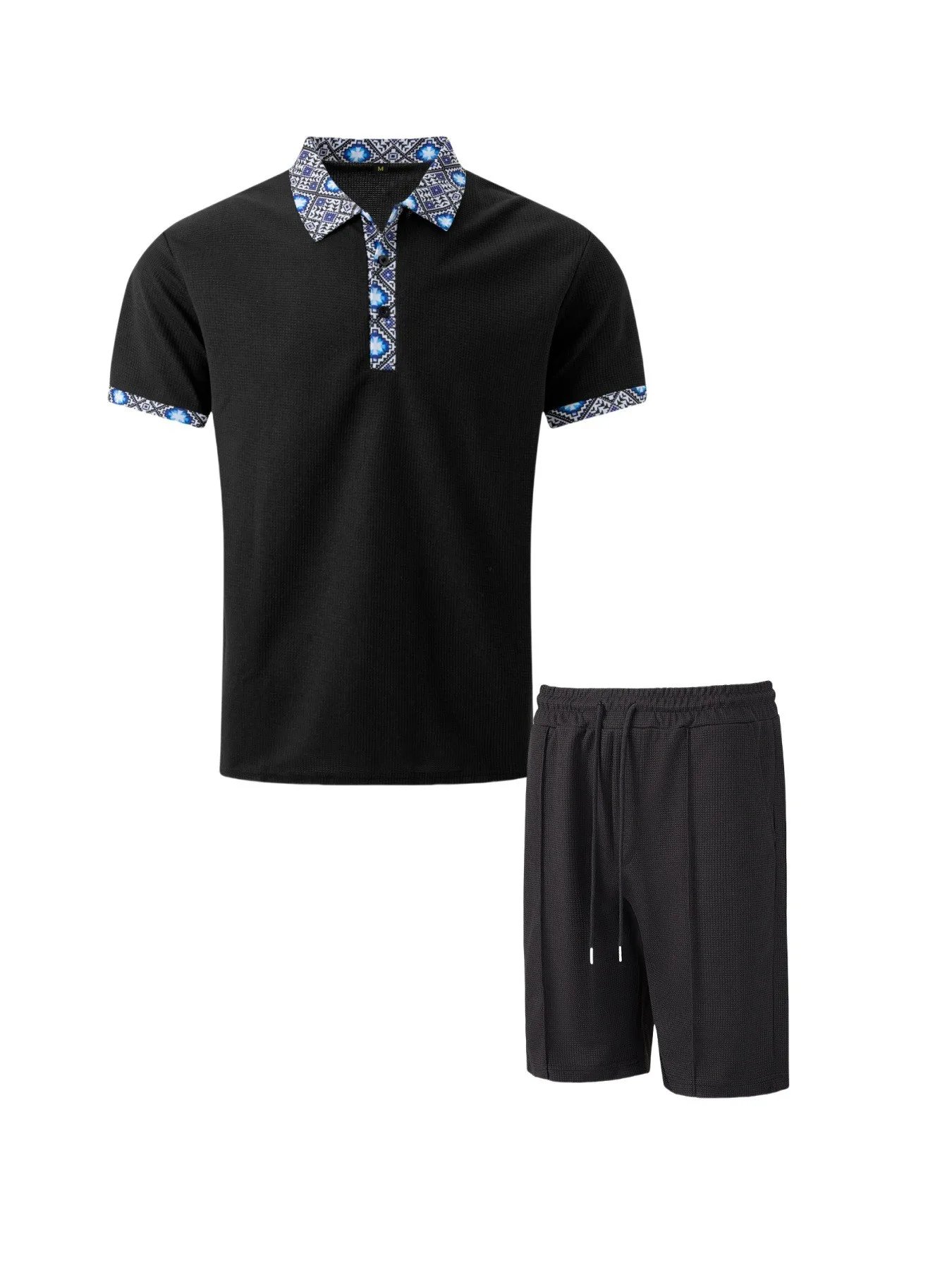 2025 Men Europe and the United States new summer Waffle solid color zip-up lapel short-sleeve suit shorts two sets