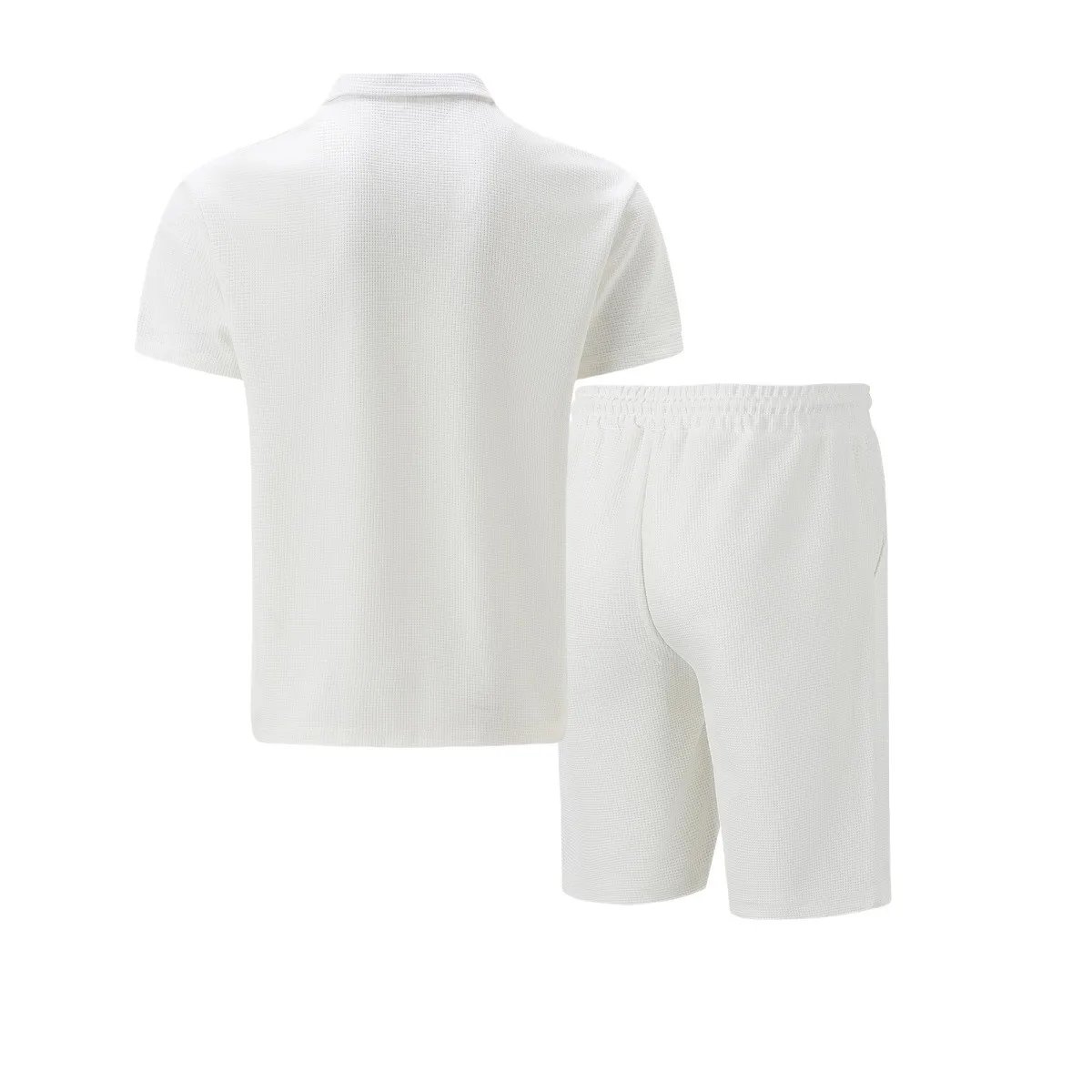 2025 Men Europe and the United States new summer Waffle solid color zip-up lapel short-sleeve suit shorts two sets