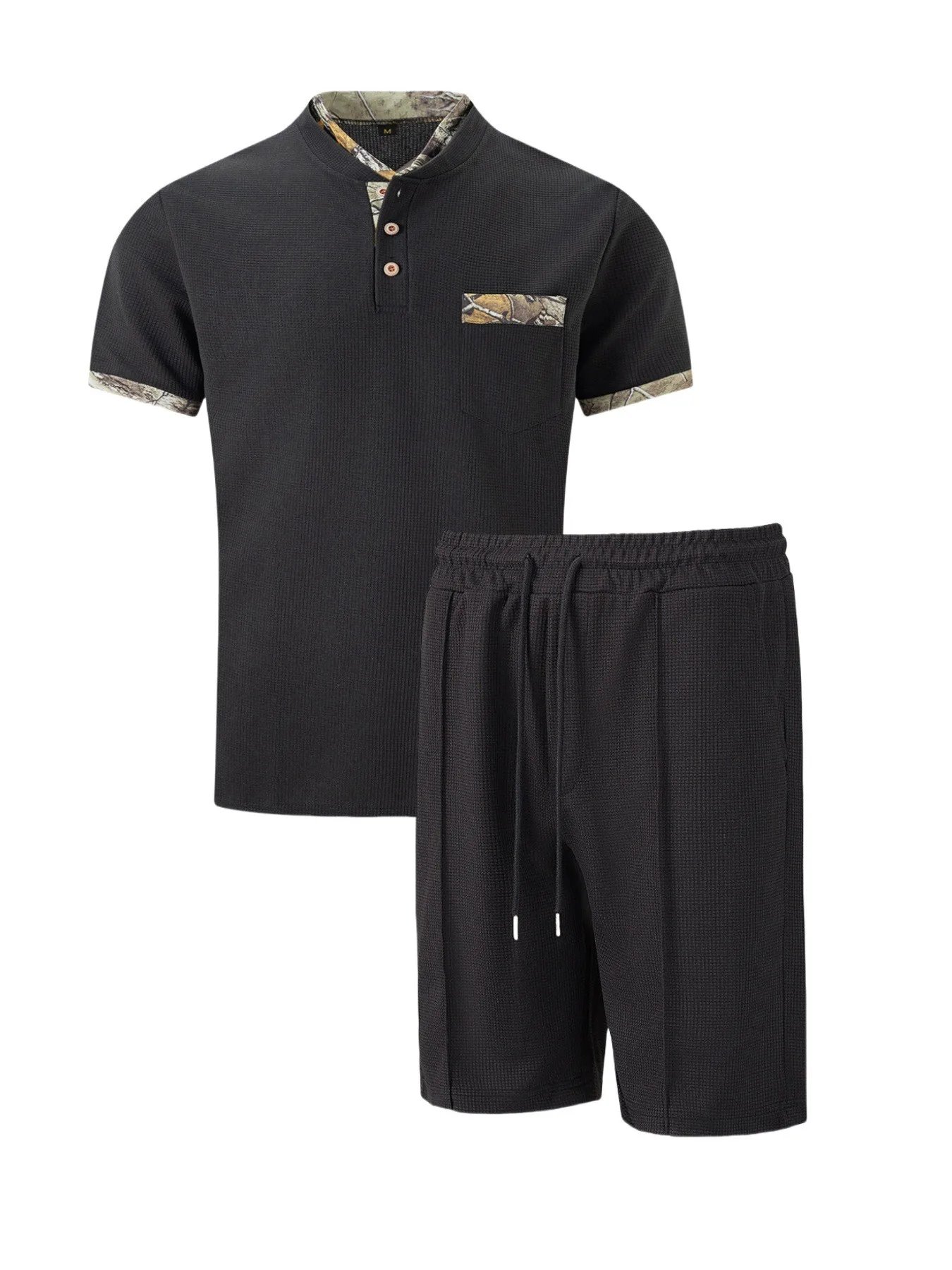 2025 Men Europe and the United States new summer Waffle solid color zip-up lapel short-sleeve suit shorts two sets