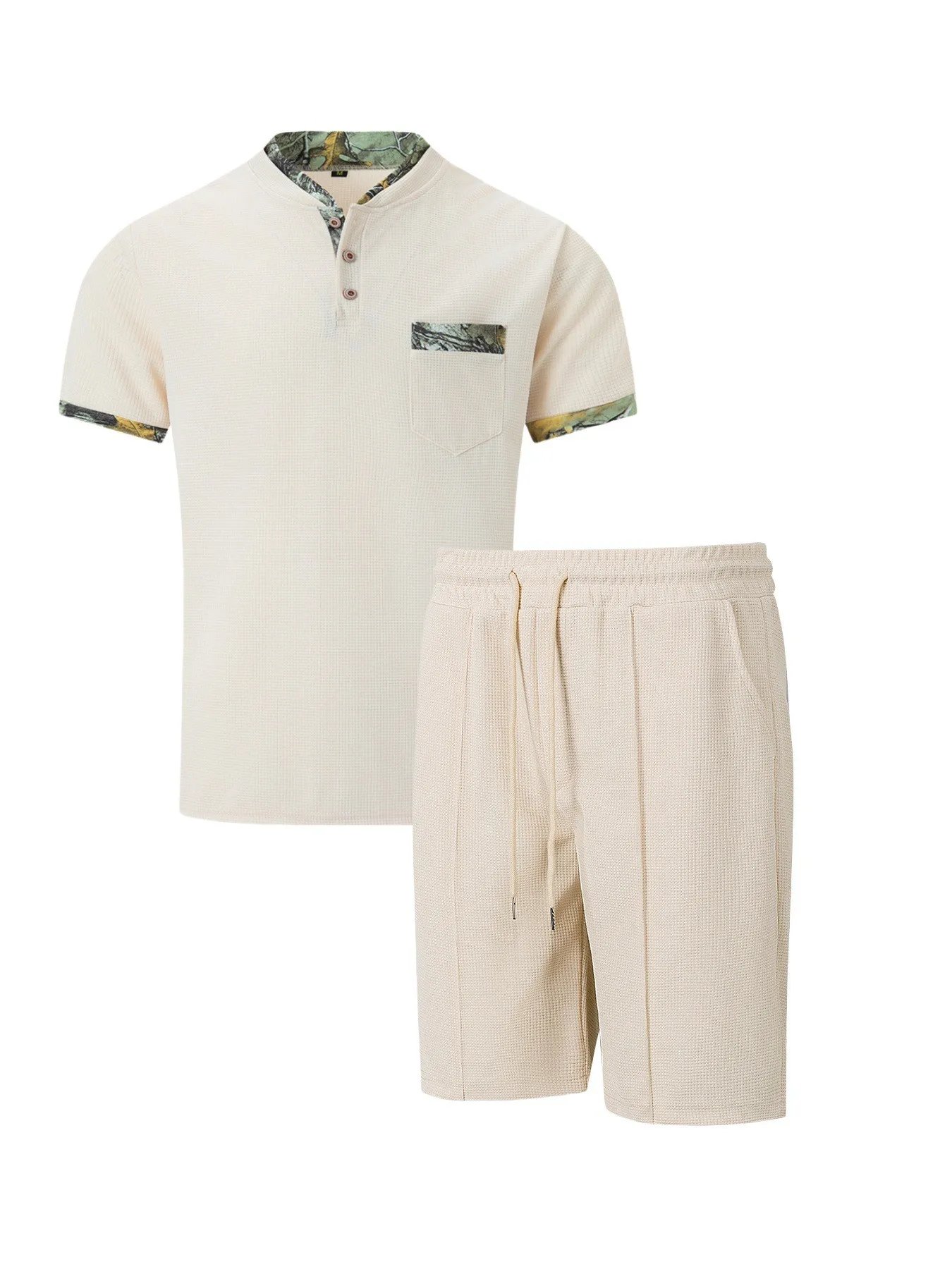 2025 Men Europe and the United States new summer Waffle solid color zip-up lapel short-sleeve suit shorts two sets