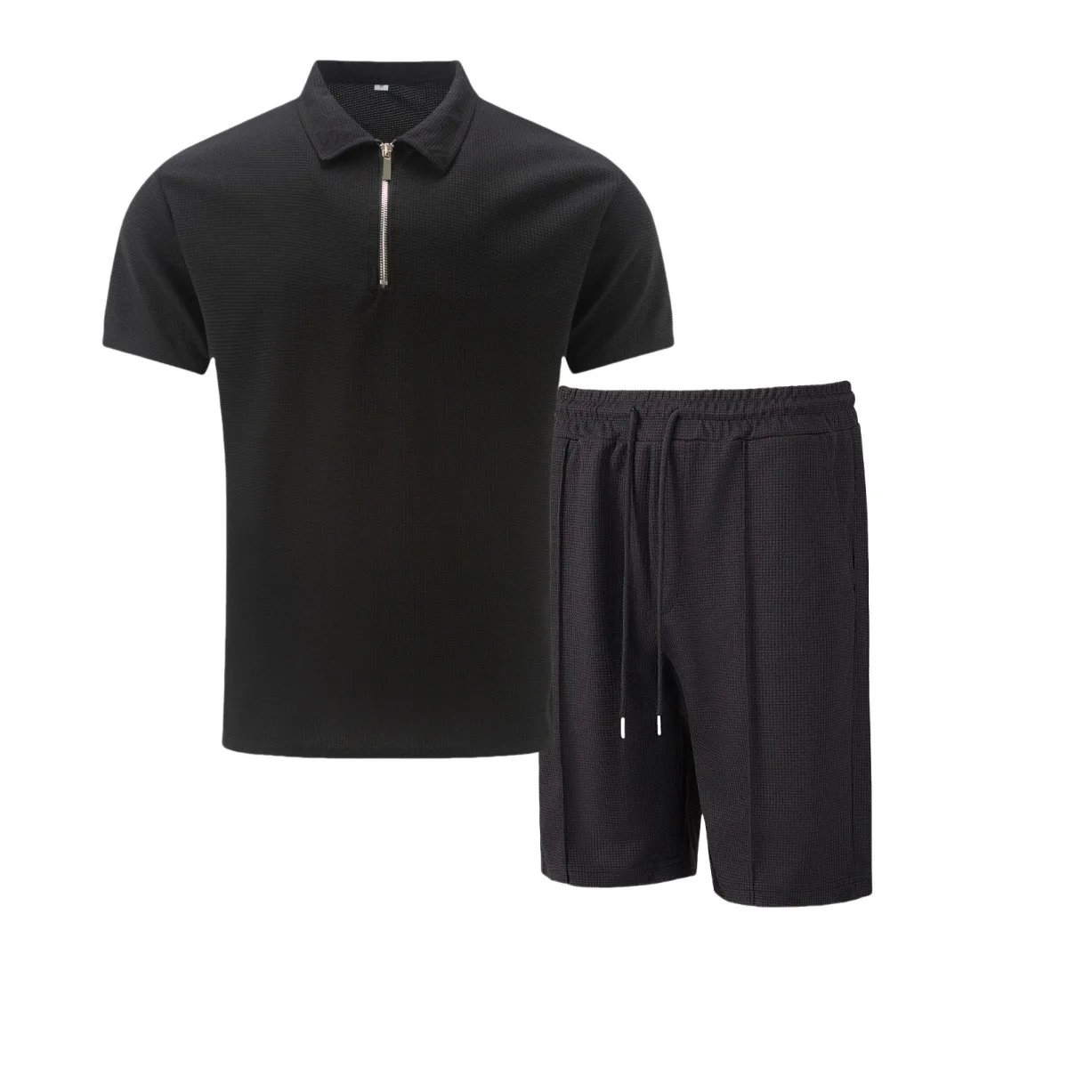 2025 Men Europe and the United States new summer Waffle solid color zip-up lapel short-sleeve suit shorts two sets