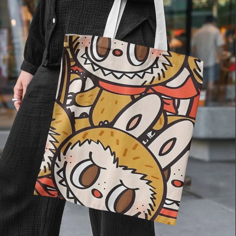 Lisa Same Labubu Canvas Bag Female Cute Cartoon Shopping HandBag Casual Student Shoulder Bag The Monsters Crossbody Bags