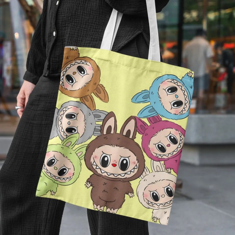 Lisa Same Labubu Canvas Bag Female Cute Cartoon Shopping HandBag Casual Student Shoulder Bag The Monsters Crossbody Bags