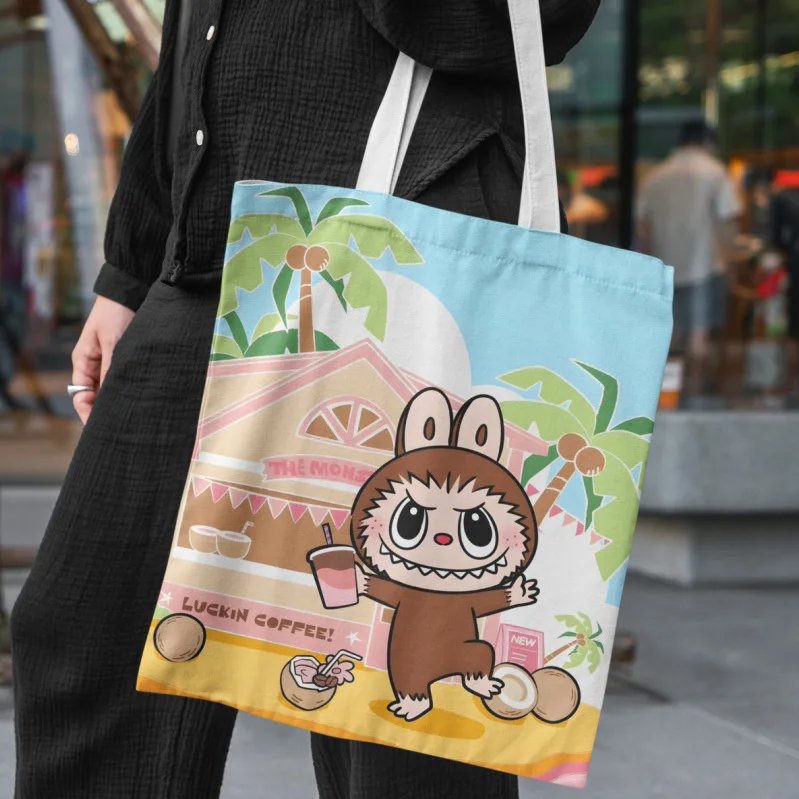 Lisa Same Labubu Canvas Bag Female Cute Cartoon Shopping HandBag Casual Student Shoulder Bag The Monsters Crossbody Bags