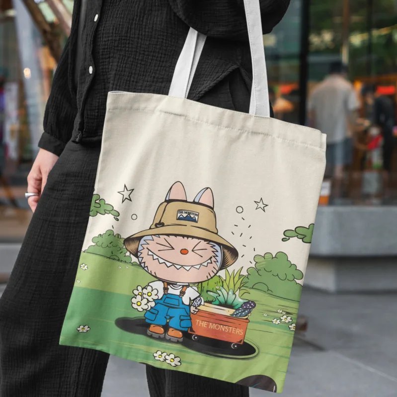 Lisa Same Labubu Canvas Bag Female Cute Cartoon Shopping HandBag Casual Student Shoulder Bag The Monsters Crossbody Bags