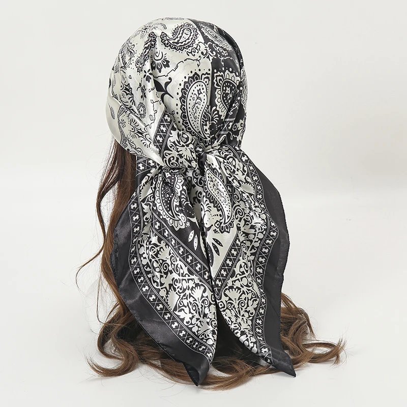 Satin Square Scarf Women Muslim Hijab Elegant 2025 Print Silk Neckerchief Shawl Wraps Headband Handle Hair Accessories Bandana