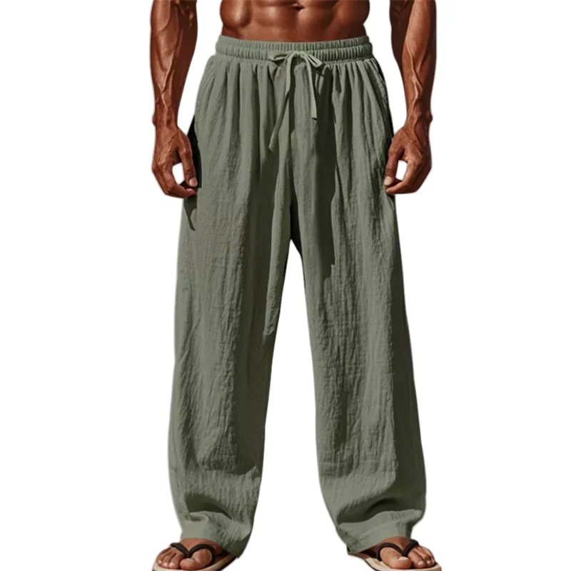 2025 New Men's Cotton and Linen Casual Pants Simple and Comfortable Straight Leg Pants Waist Drawstring Plus Size Looser