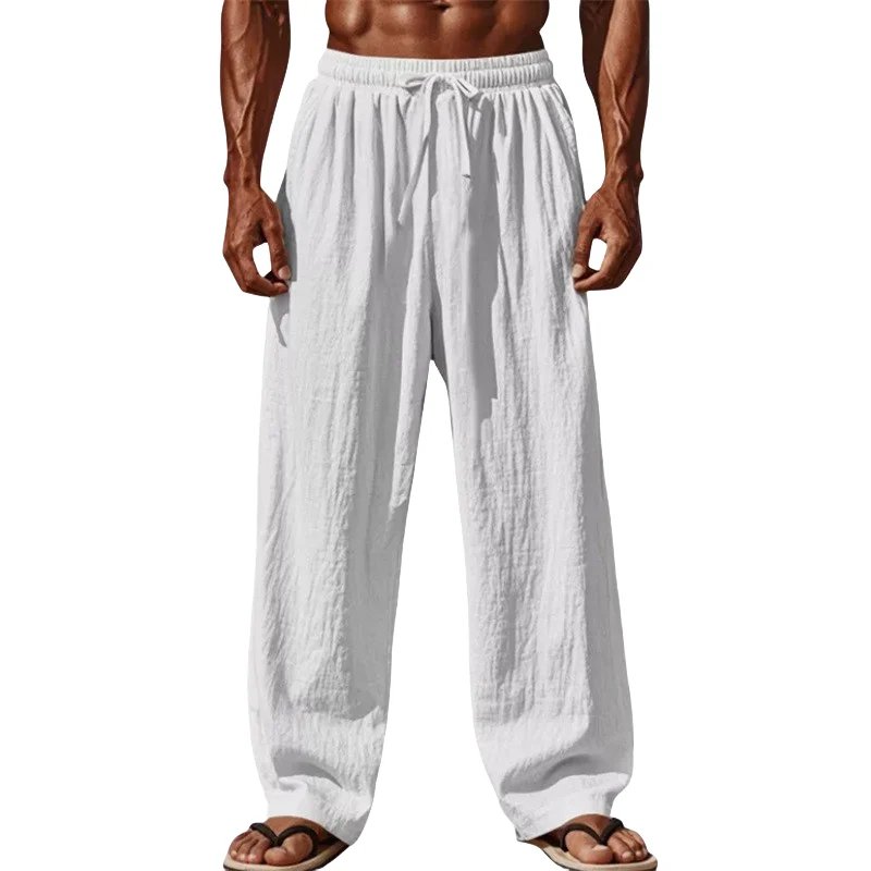 2025 New Men's Cotton and Linen Casual Pants Simple and Comfortable Straight Leg Pants Waist Drawstring Plus Size Looser