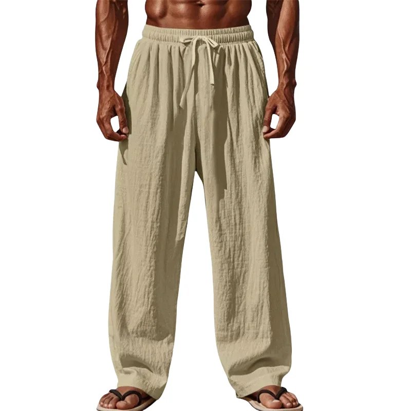 2025 New Men's Cotton and Linen Casual Pants Simple and Comfortable Straight Leg Pants Waist Drawstring Plus Size Looser