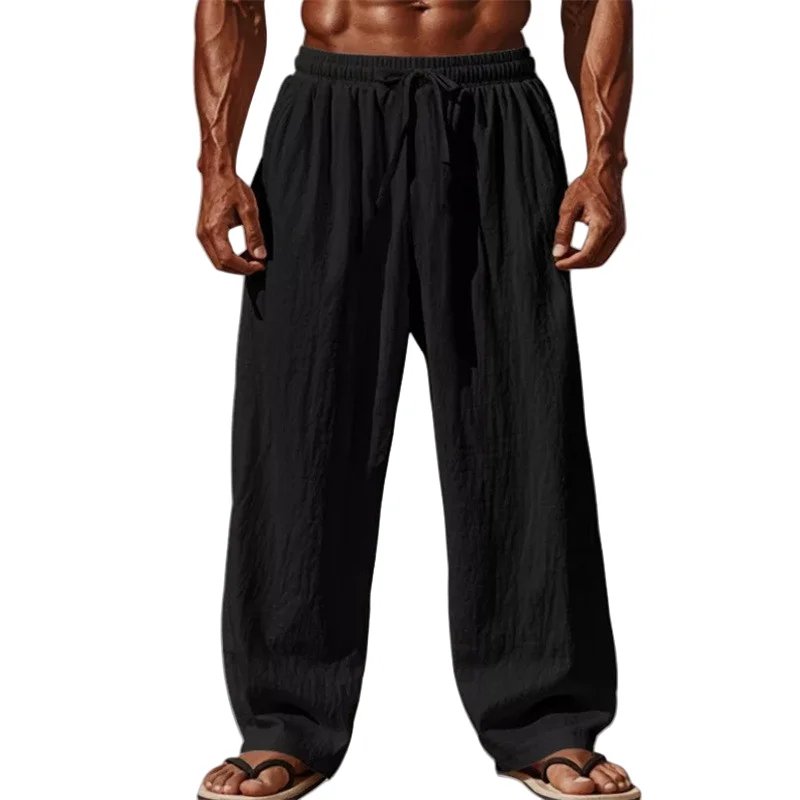 2025 New Men's Cotton and Linen Casual Pants Simple and Comfortable Straight Leg Pants Waist Drawstring Plus Size Looser