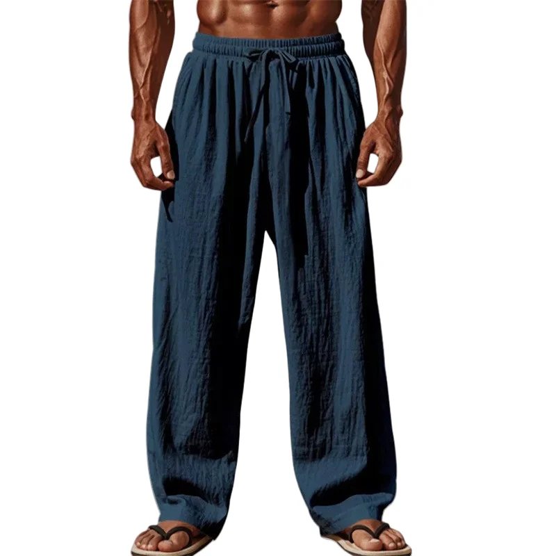 2025 New Men's Cotton and Linen Casual Pants Simple and Comfortable Straight Leg Pants Waist Drawstring Plus Size Looser