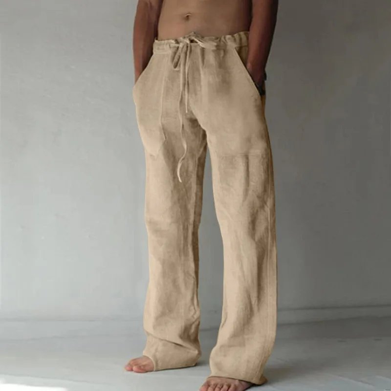 Men's Cotton Linen Long Pants Summer Solid Color Breathable Linen Trousers Male Casual Elastic Waist Casual Pants Harajuku Trous