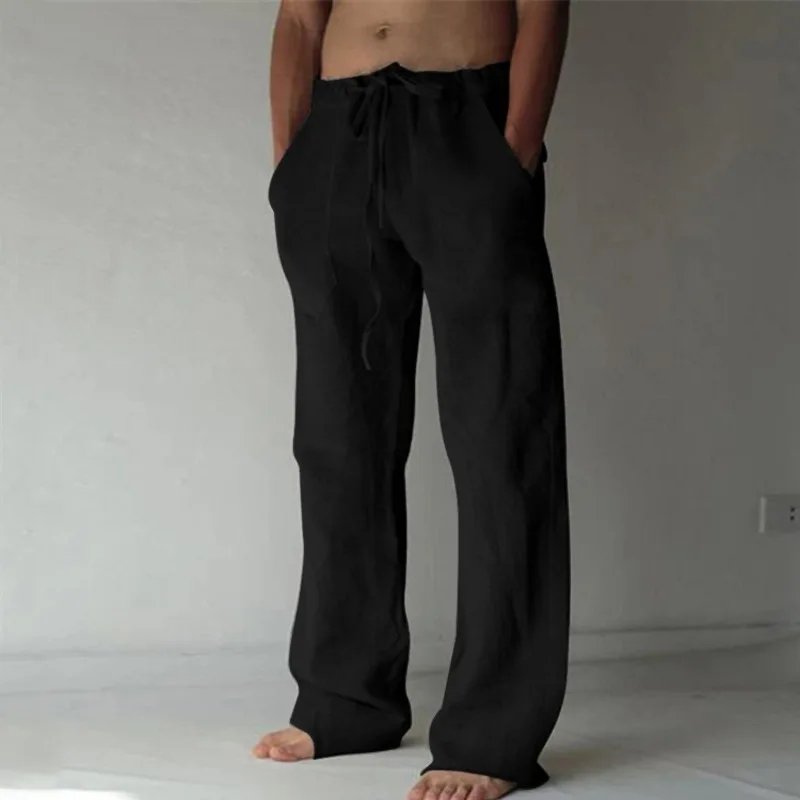 Men's Cotton Linen Long Pants Summer Solid Color Breathable Linen Trousers Male Casual Elastic Waist Casual Pants Harajuku Trous
