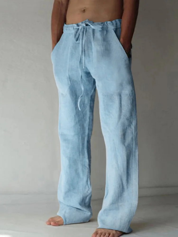 Men's Cotton Linen Long Pants Summer Solid Color Breathable Linen Trousers Male Casual Elastic Waist Casual Pants Harajuku Trous