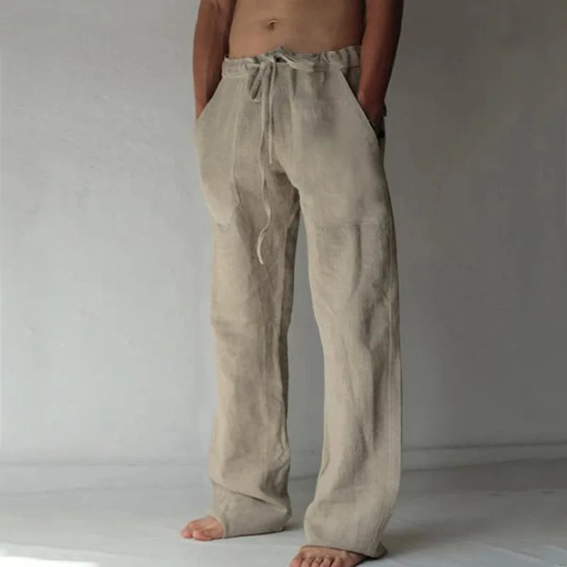 Men's Cotton Linen Long Pants Summer Solid Color Breathable Linen Trousers Male Casual Elastic Waist Casual Pants Harajuku Trous