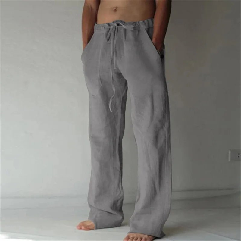 Men's Cotton Linen Long Pants Summer Solid Color Breathable Linen Trousers Male Casual Elastic Waist Casual Pants Harajuku Trous