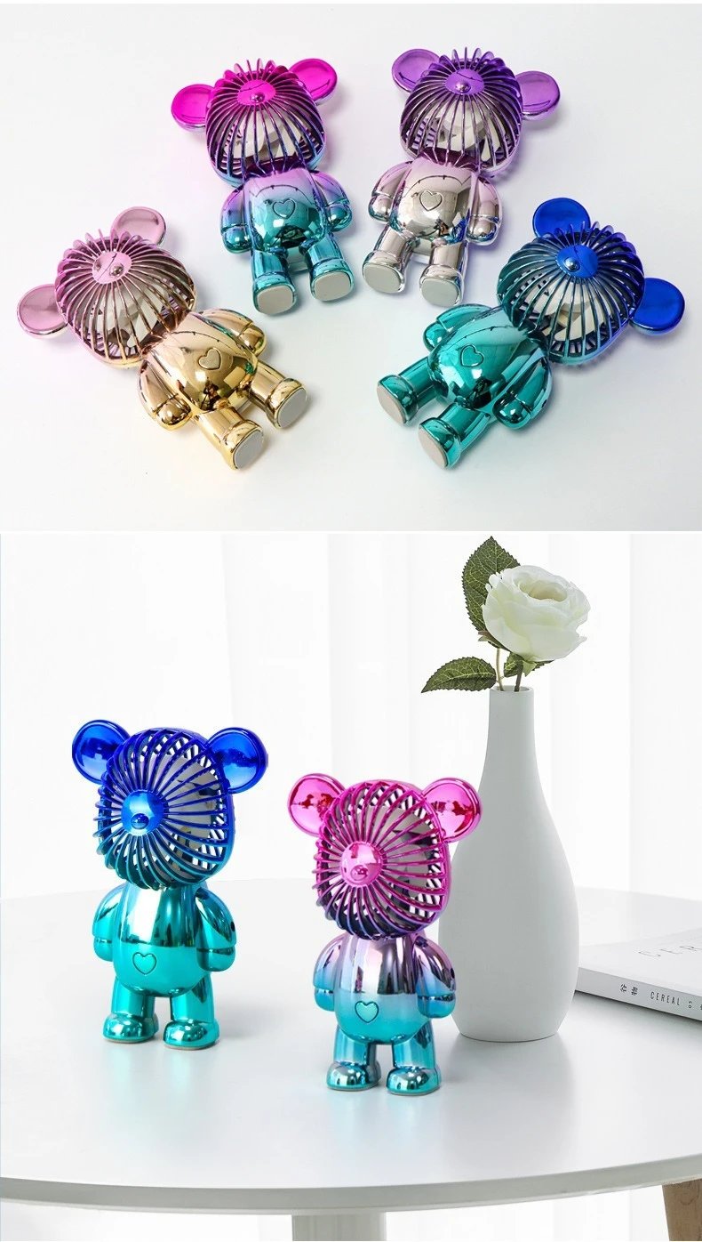 2025 popular cartoon mini violent bear small fan holding a three-speed USB portable rechargeable gradient bear fan