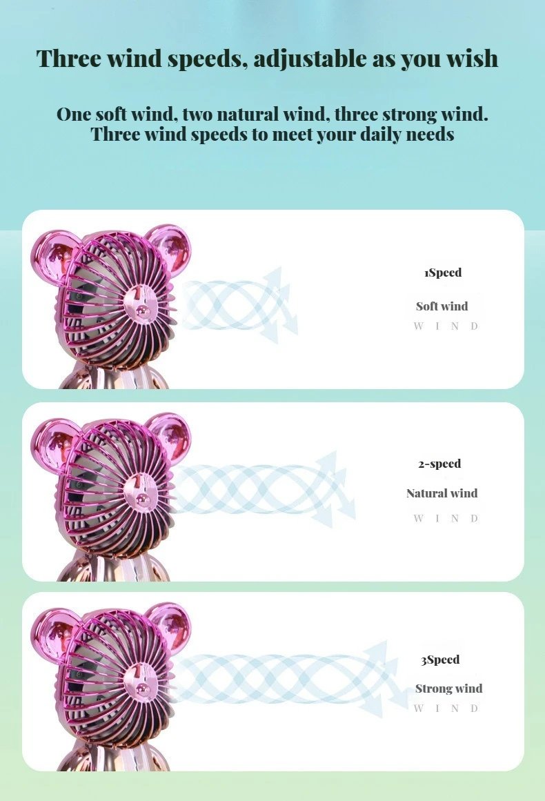 2025 popular cartoon mini violent bear small fan holding a three-speed USB portable rechargeable gradient bear fan