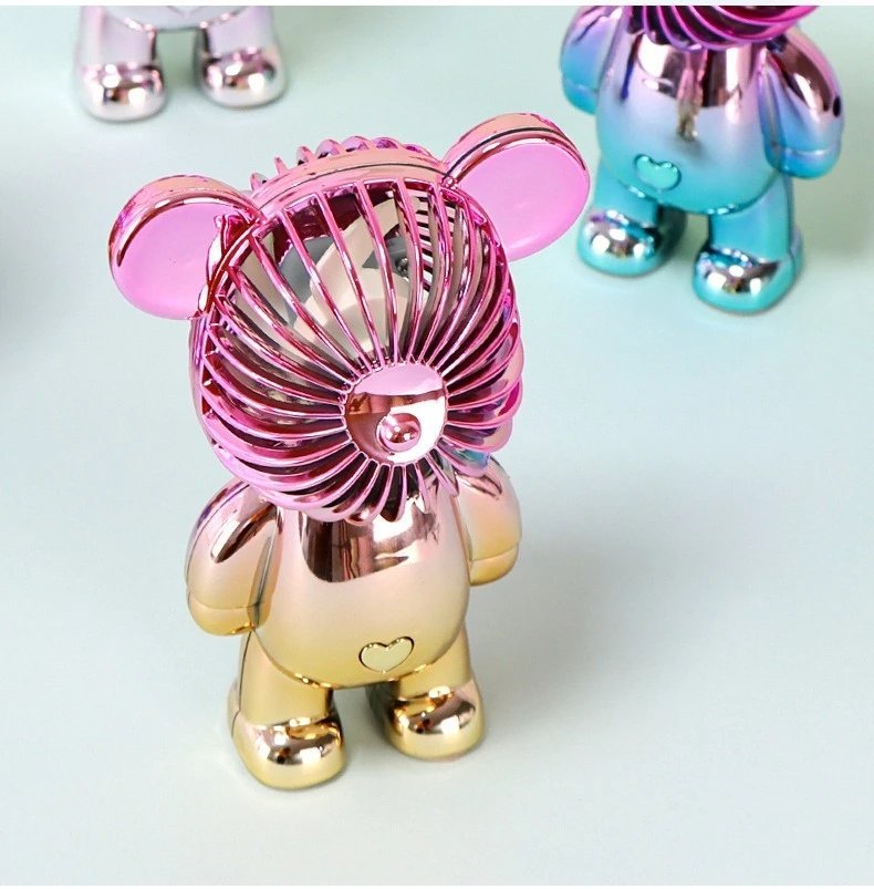 2025 popular cartoon mini violent bear small fan holding a three-speed USB portable rechargeable gradient bear fan