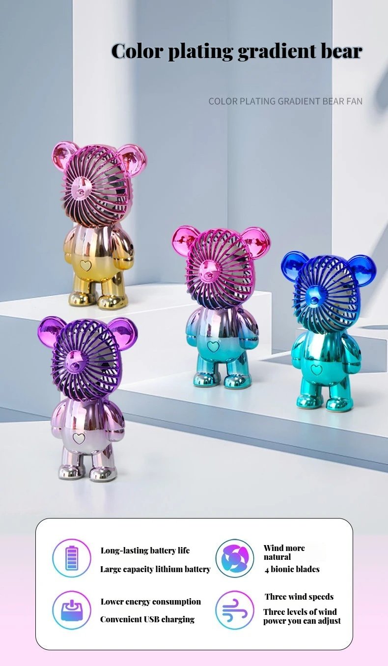 2025 popular cartoon mini violent bear small fan holding a three-speed USB portable rechargeable gradient bear fan