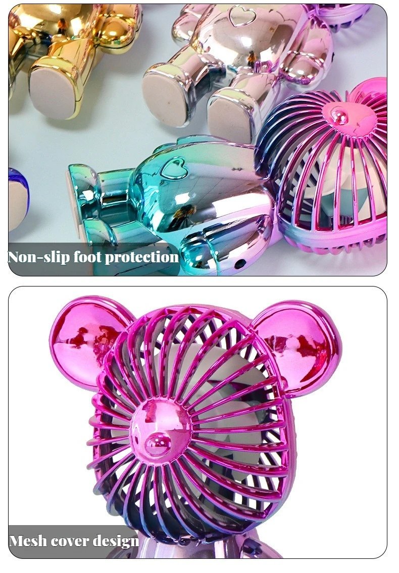 2025 popular cartoon mini violent bear small fan holding a three-speed USB portable rechargeable gradient bear fan