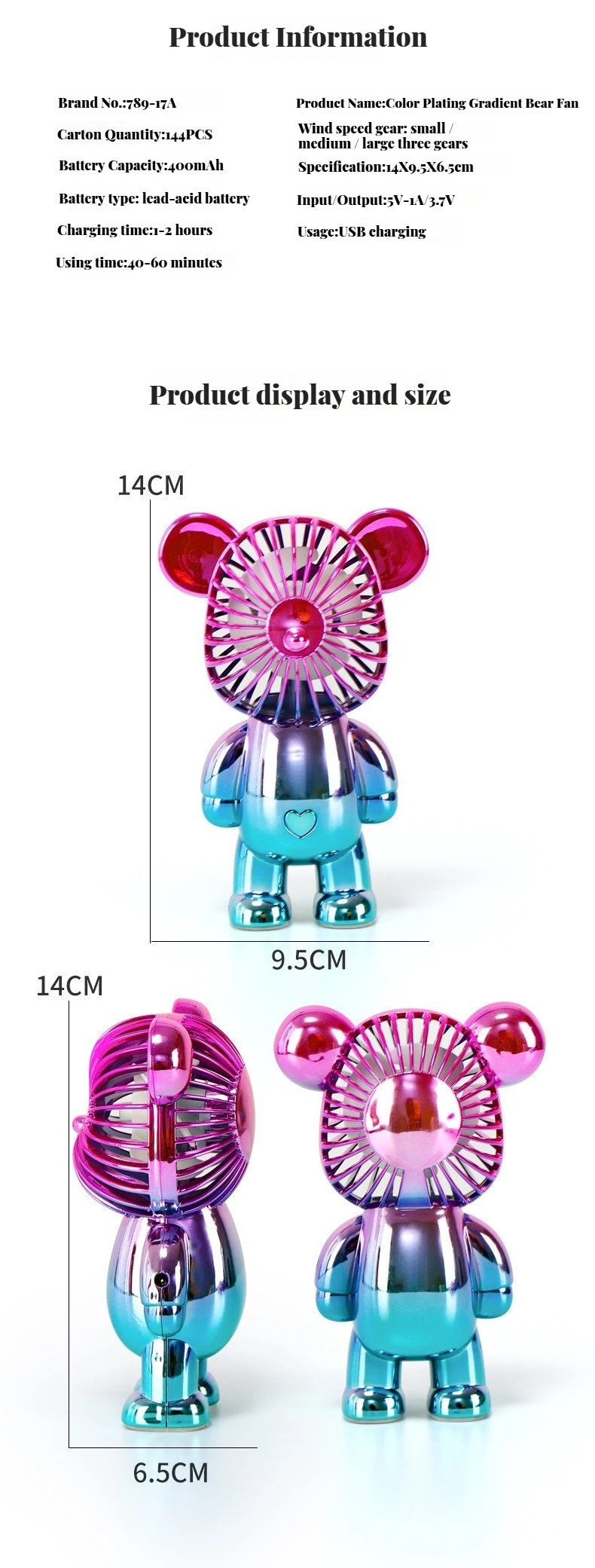 2025 popular cartoon mini violent bear small fan holding a three-speed USB portable rechargeable gradient bear fan