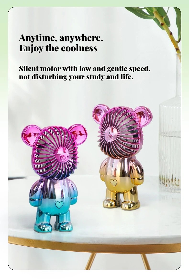 2025 popular cartoon mini violent bear small fan holding a three-speed USB portable rechargeable gradient bear fan