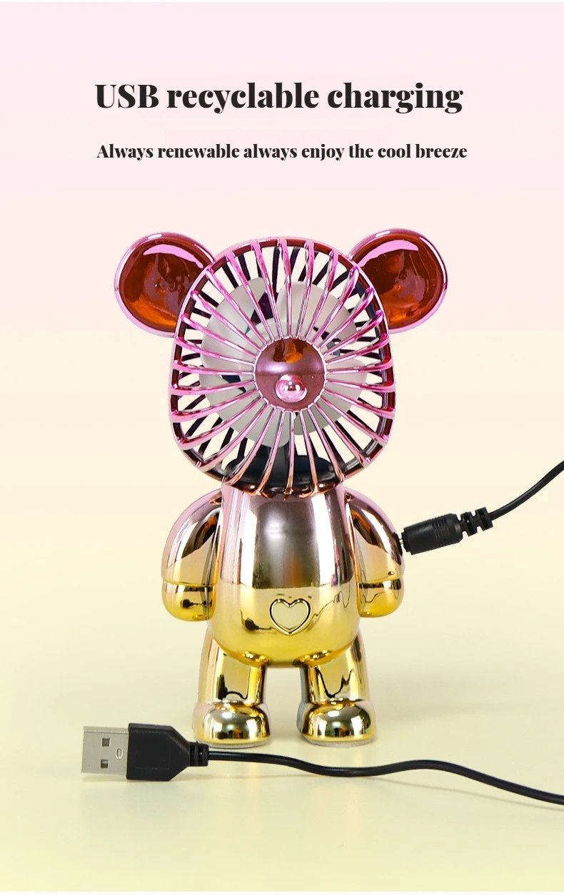 2025 popular cartoon mini violent bear small fan holding a three-speed USB portable rechargeable gradient bear fan