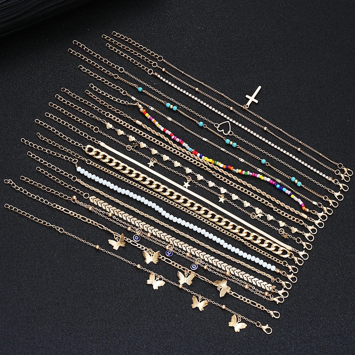 22 Pcs Minimalist Love Butterfly Shell Rhinestone Bead Anklet Set For Women Summer Beach Boho Anklets Fashion Jewelry Gifts 2024
