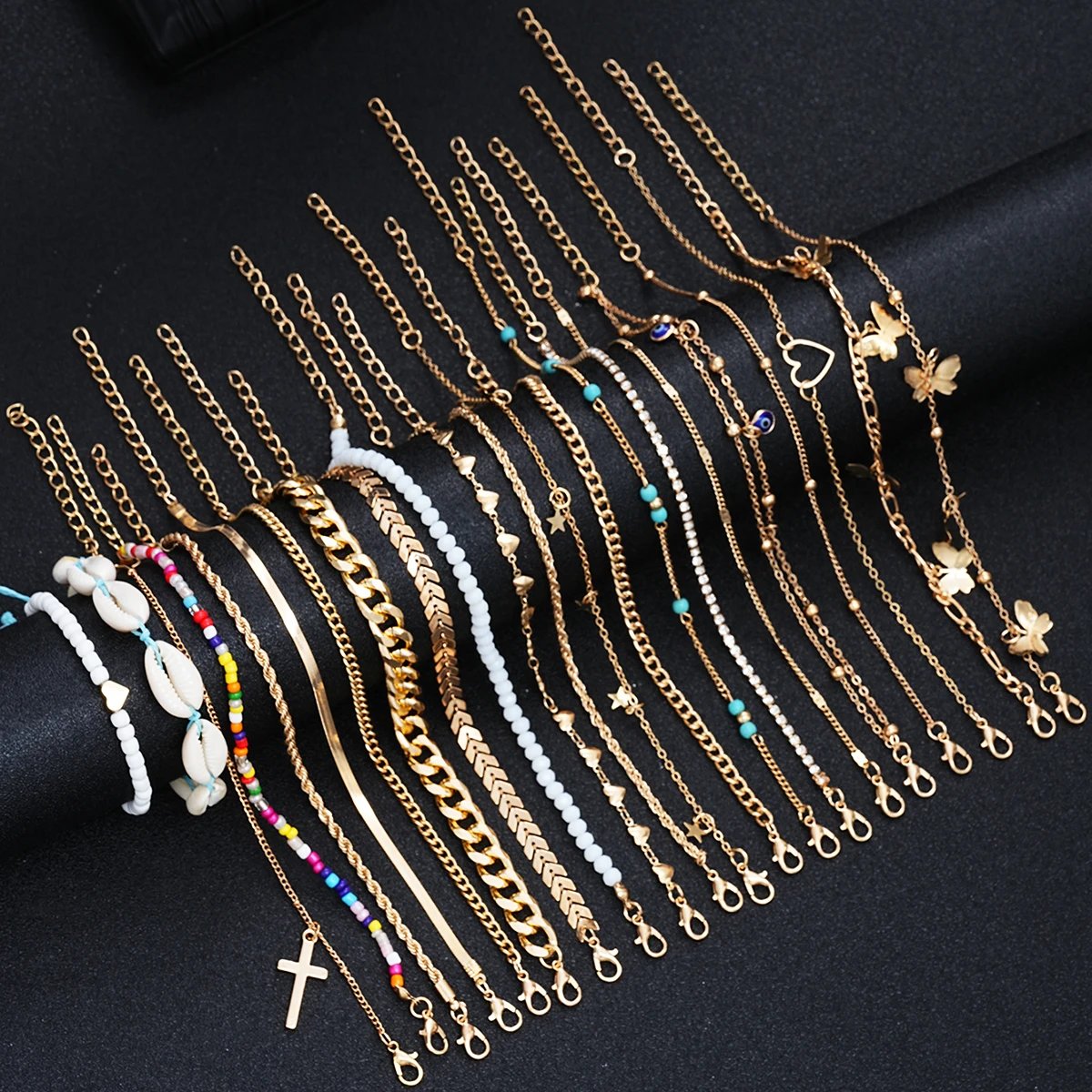 22 Pcs Minimalist Love Butterfly Shell Rhinestone Bead Anklet Set For Women Summer Beach Boho Anklets Fashion Jewelry Gifts 2024