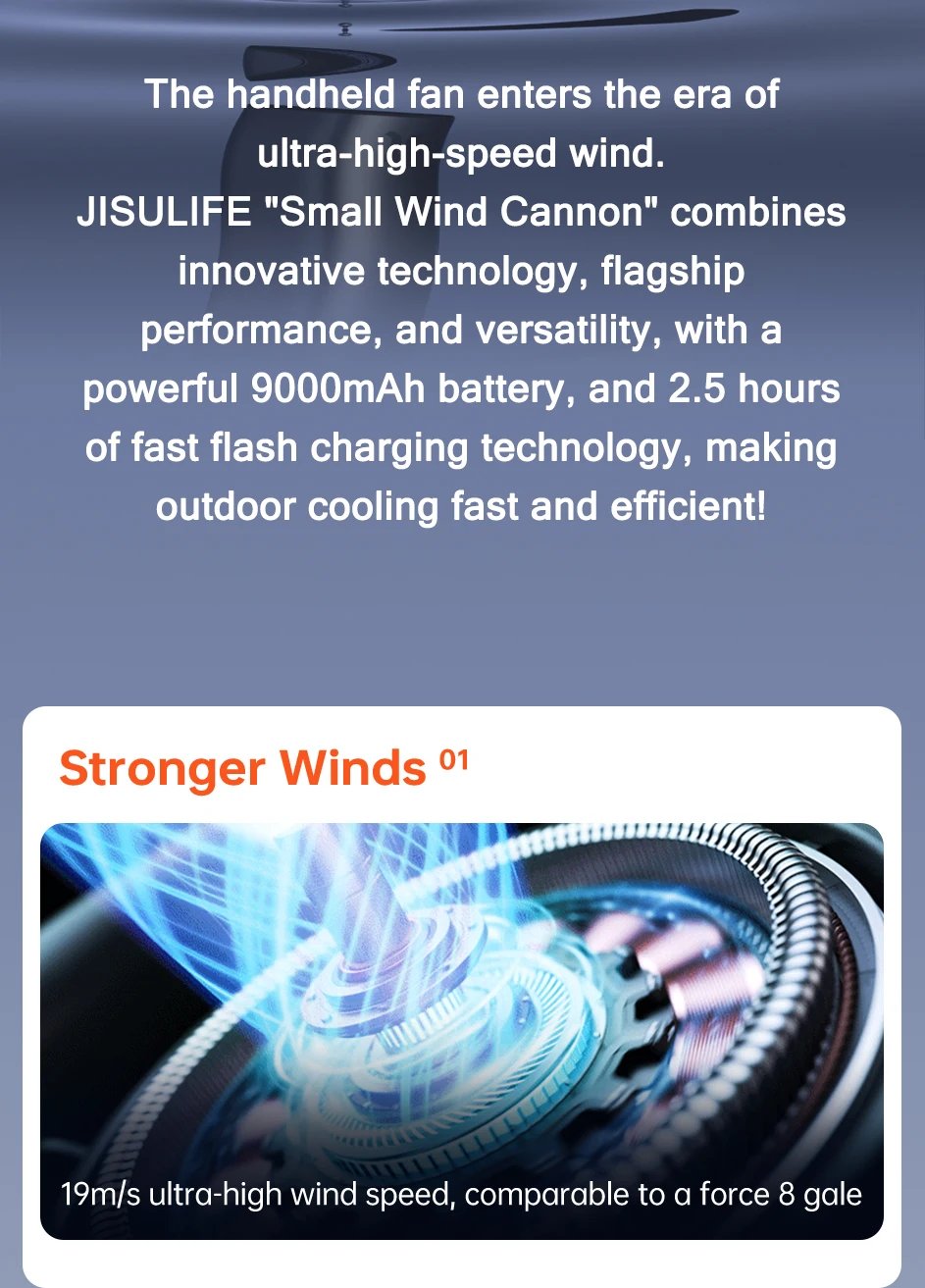 JISULIFE Portable Turbo Handheld Fan, 100 Winds Speeds Adjustable, 9000 mAh Rechargeable Battery, LED Display, Outdoor Camping