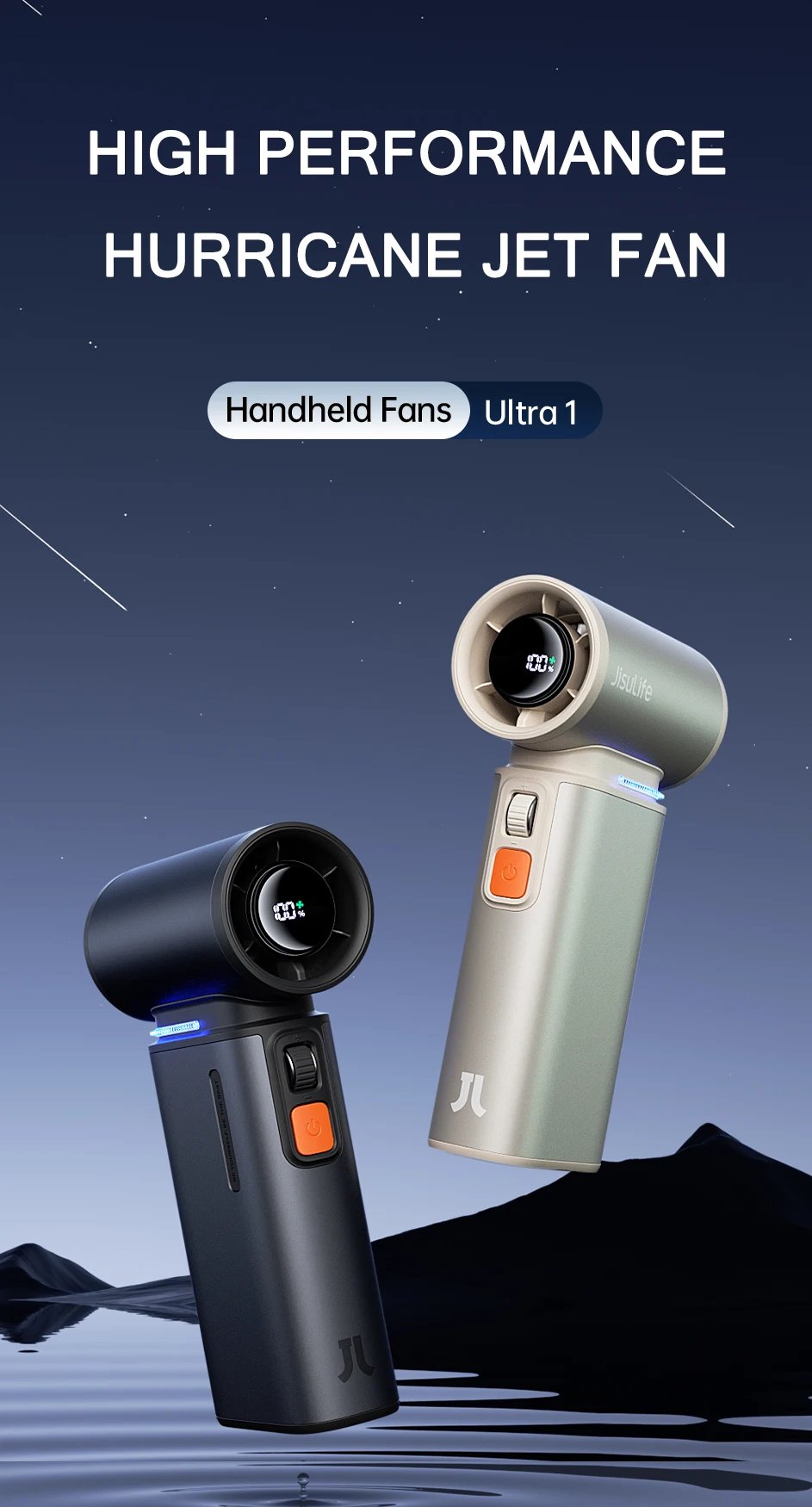 JISULIFE Portable Turbo Handheld Fan, 100 Winds Speeds Adjustable, 9000 mAh Rechargeable Battery, LED Display, Outdoor Camping