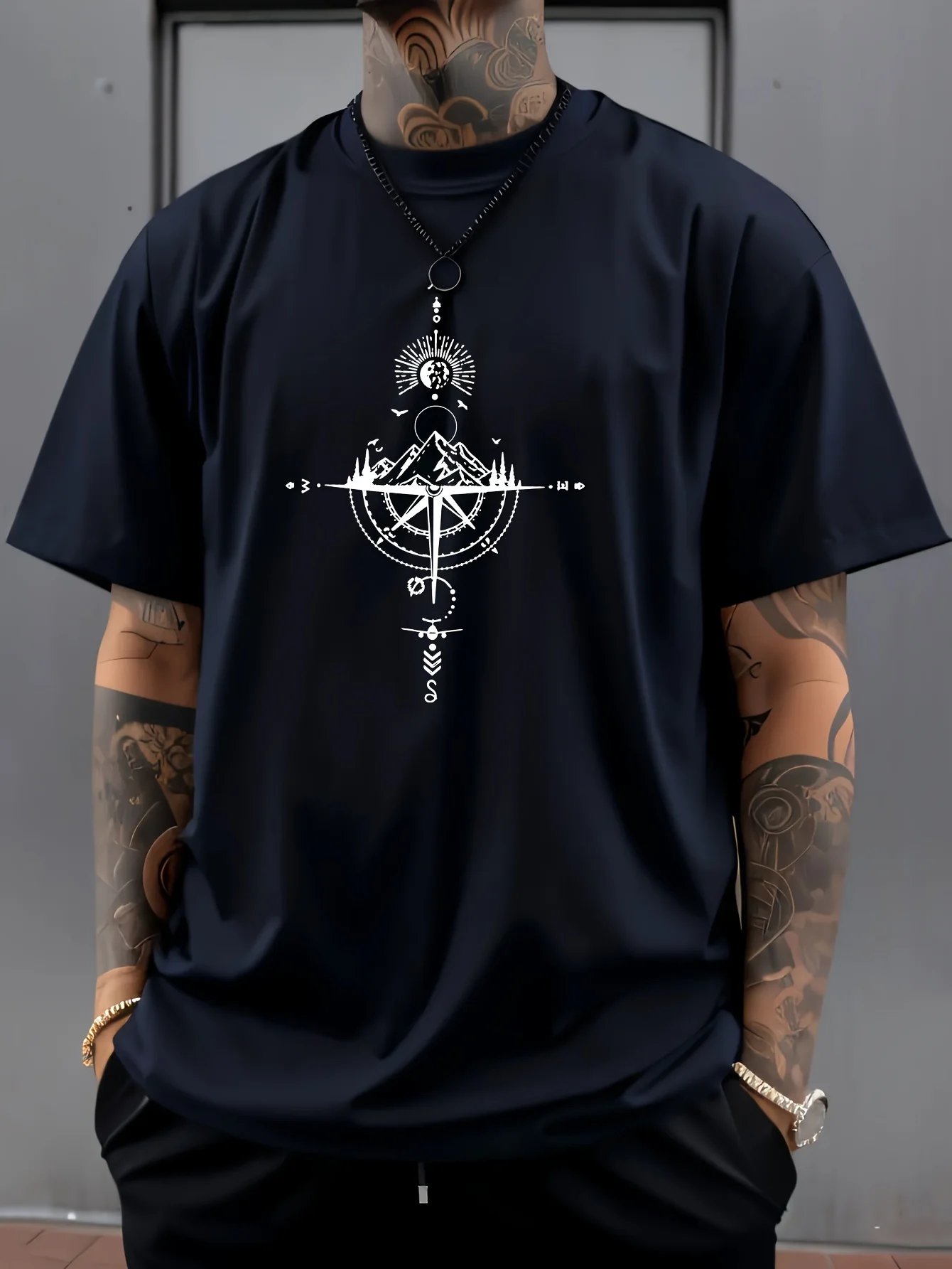 Summer men's 100% pure cotton casual sports loose oversized retro compass printed comfortable round neck short sleeved T-shirt