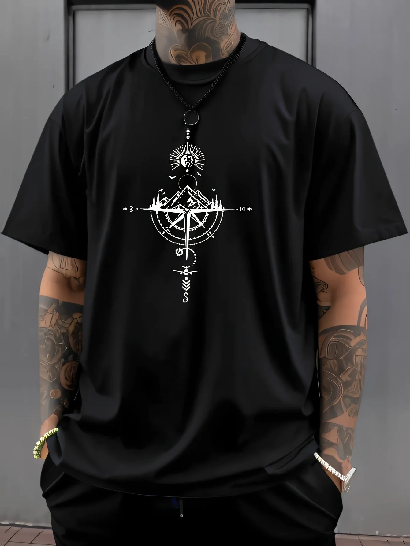 Summer men's 100% pure cotton casual sports loose oversized retro compass printed comfortable round neck short sleeved T-shirt
