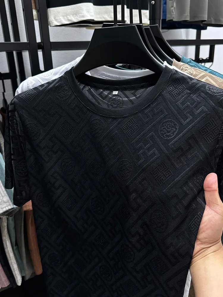 New Brand Ice Silk Breathable Short Sleeve Men O-neck Tops Fashion Designer 2024 Summer Cool Comfortable T-shirt Men's Clothing