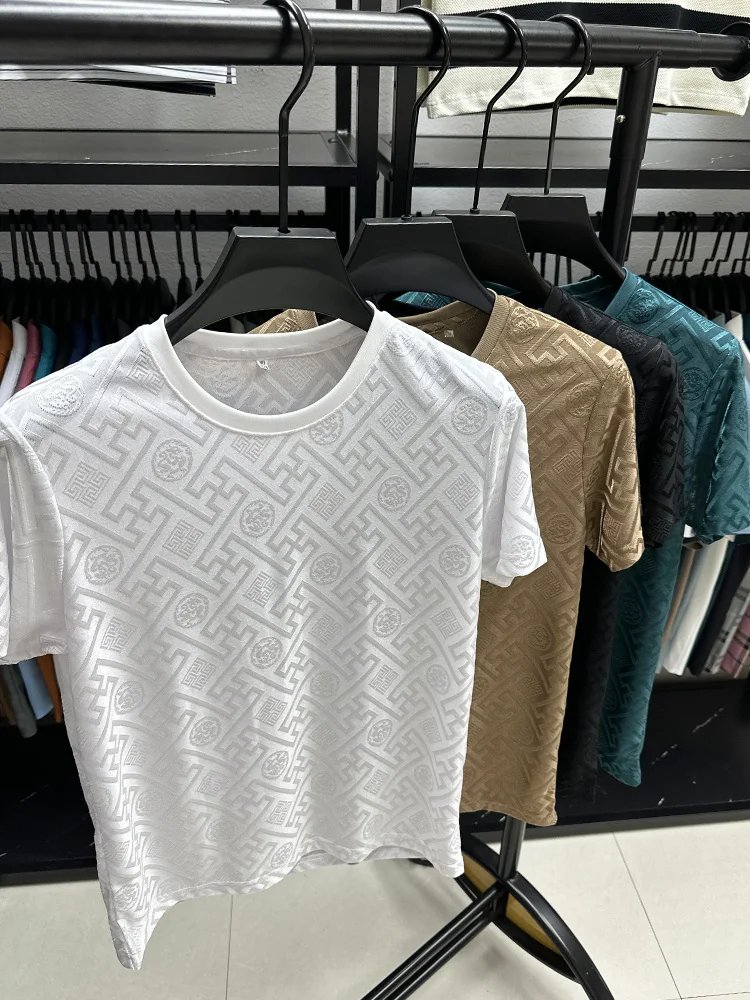 New Brand Ice Silk Breathable Short Sleeve Men O-neck Tops Fashion Designer 2024 Summer Cool Comfortable T-shirt Men's Clothing