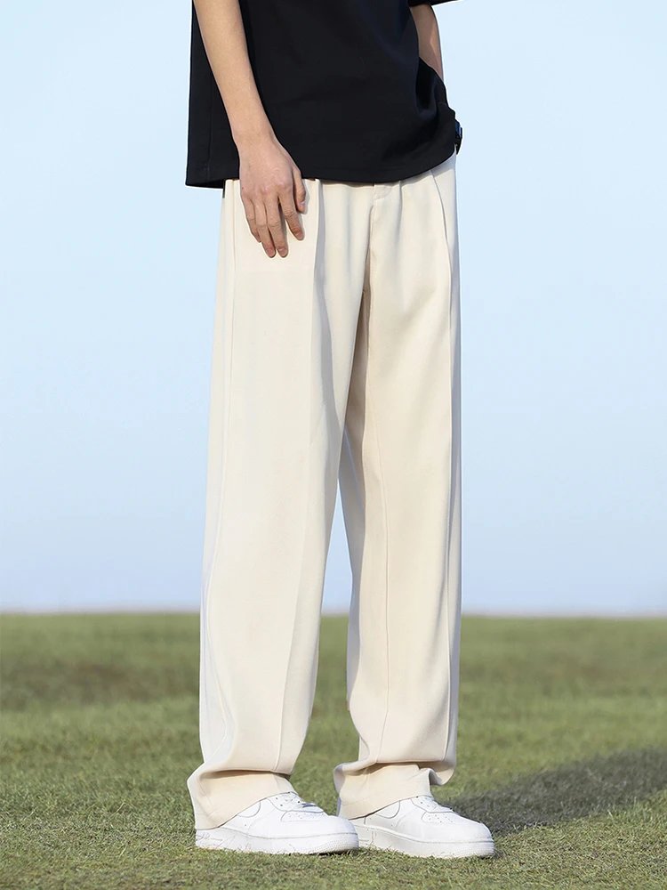 Summer Korean Men's Pants Light&Thin Polyester Elastic Waist Semi-Wide Loose Slacks Drape Suit Pants Male Casual Trousers
