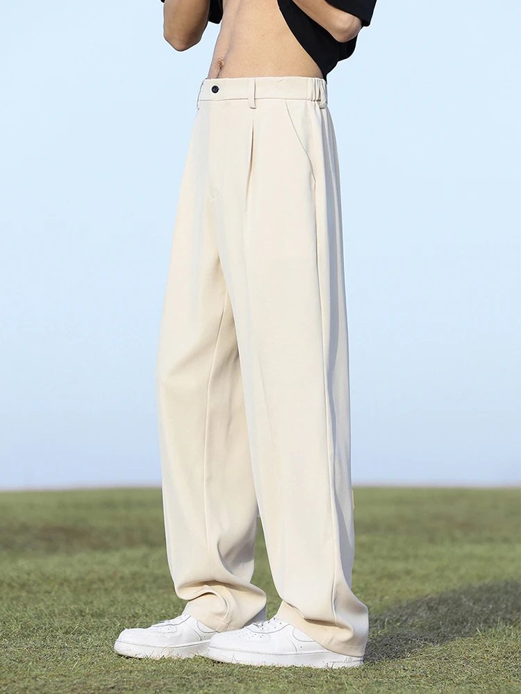 Summer Korean Men's Pants Light&Thin Polyester Elastic Waist Semi-Wide Loose Slacks Drape Suit Pants Male Casual Trousers