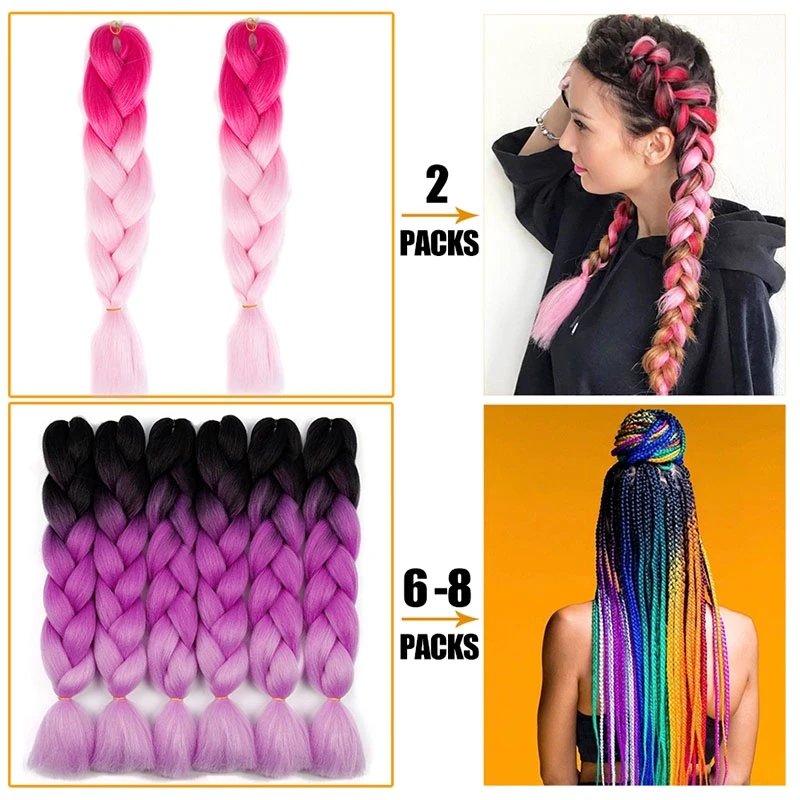 Synthetic Ombre Braiding Hair 24Inch 1Pack Pre Stretched Box Jumbo Colorful Crochet Extensions for Women