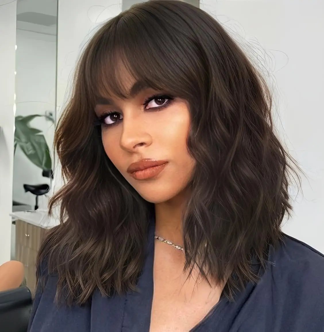 Natural Brown Curly Wig with Bangs