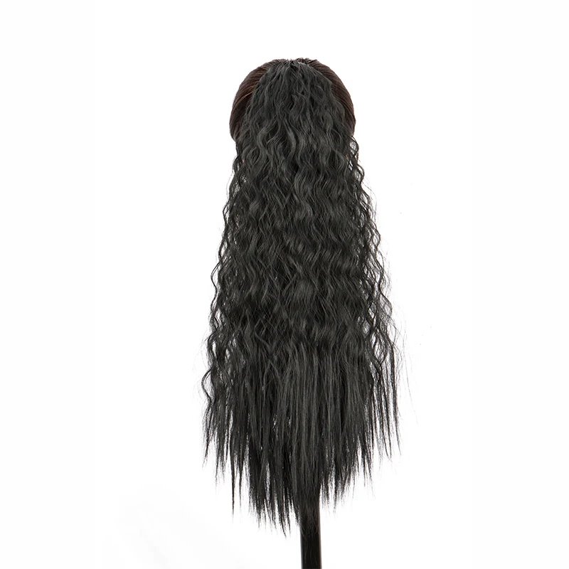 22Inch Synthetic Long Kinky Curly Ponytail Hair Extension Drawstring Wrapped Clip in Hair Black Hairpiecefor Women