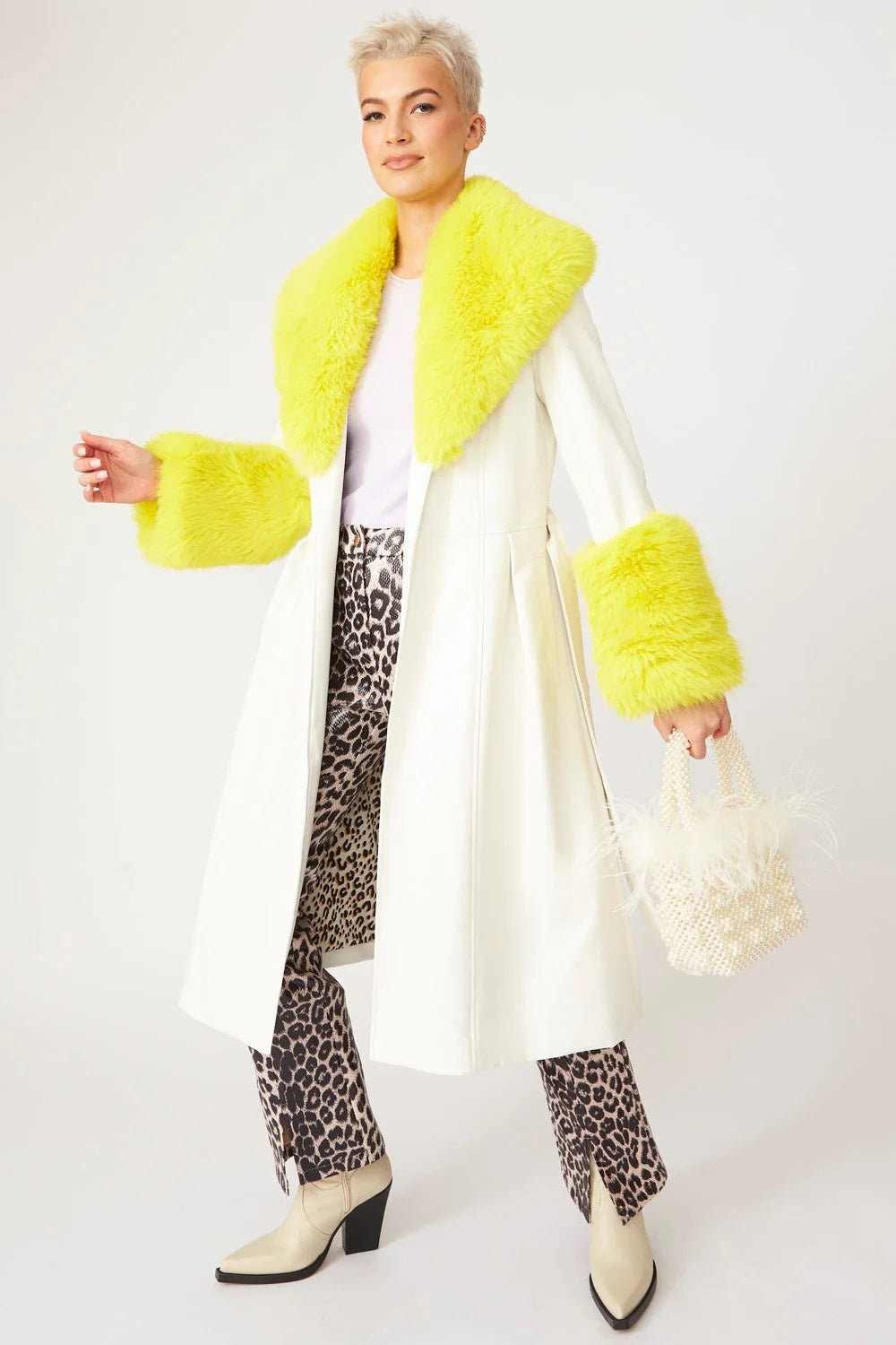 White and Yellow Faux Leather Trench Coat